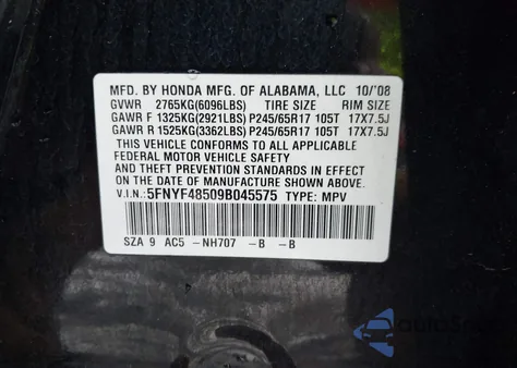 2009 Honda Pilot Ex-L from USA, damaged, VIN 5FNYF48509B045575